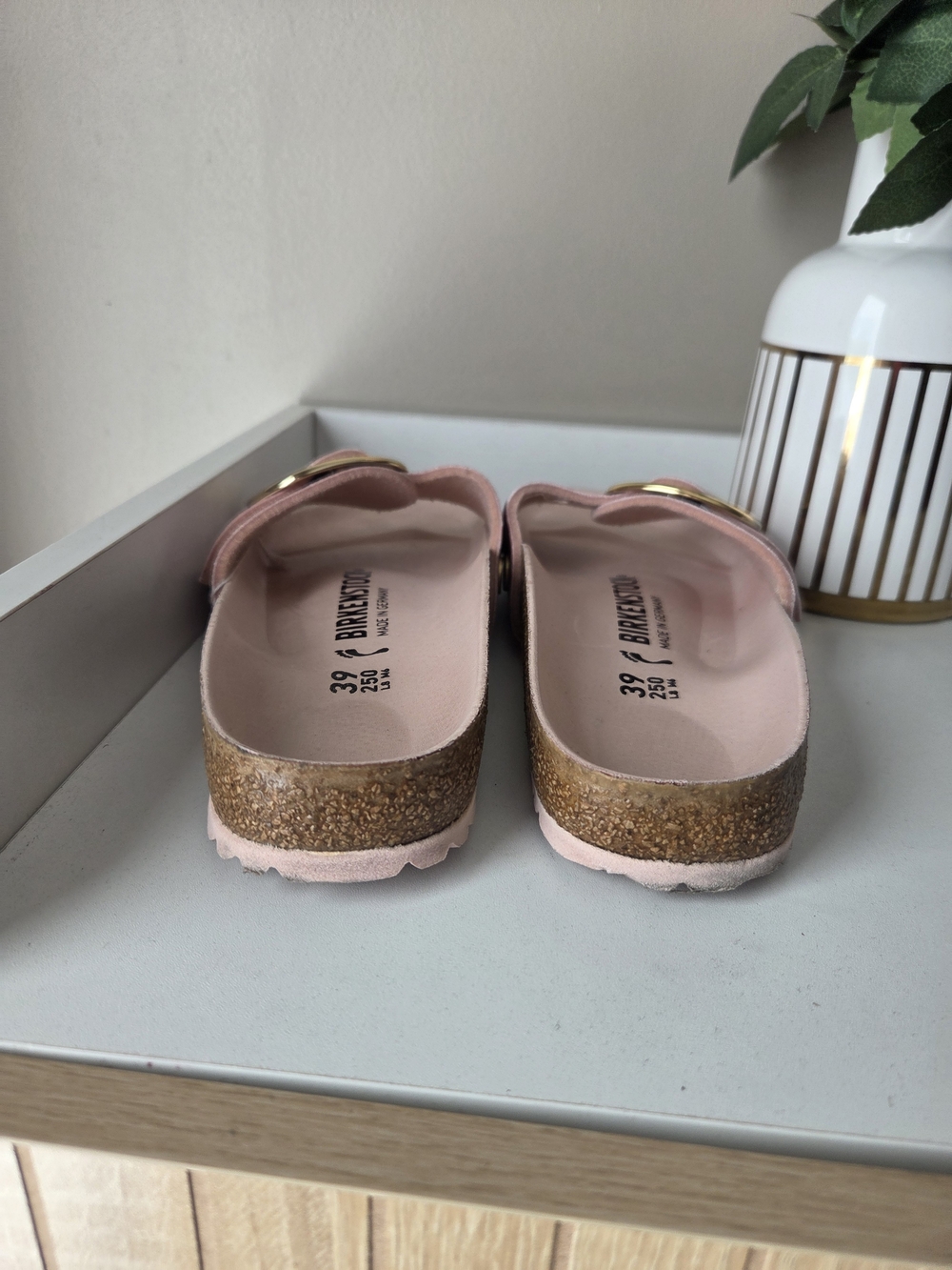 Birkenstock Pink Slide Sandals with Gold Buckles - Picture 13 of 16